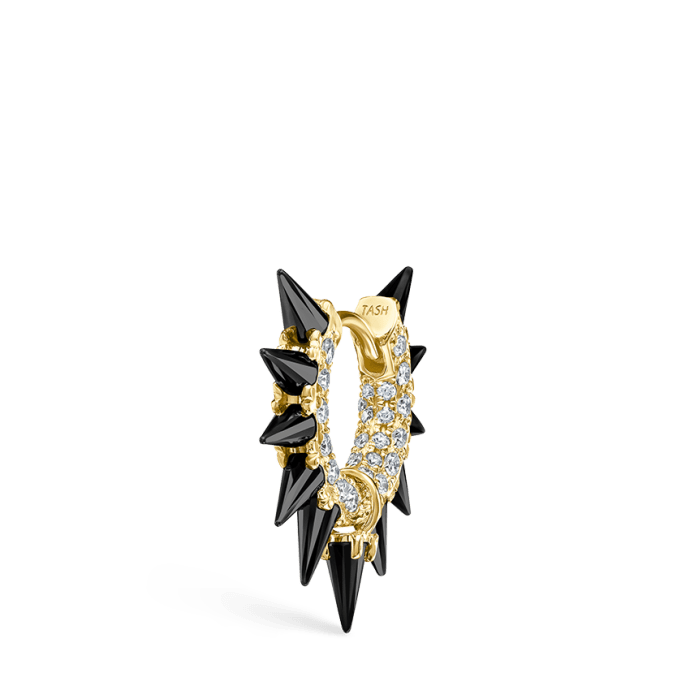 Black Moissanite Mohawk and Diamond Pavé Hoop Earring Yellow Gold 6.5mm