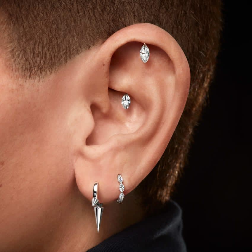Triple Long Spike Hoop Earring White Gold 8mm