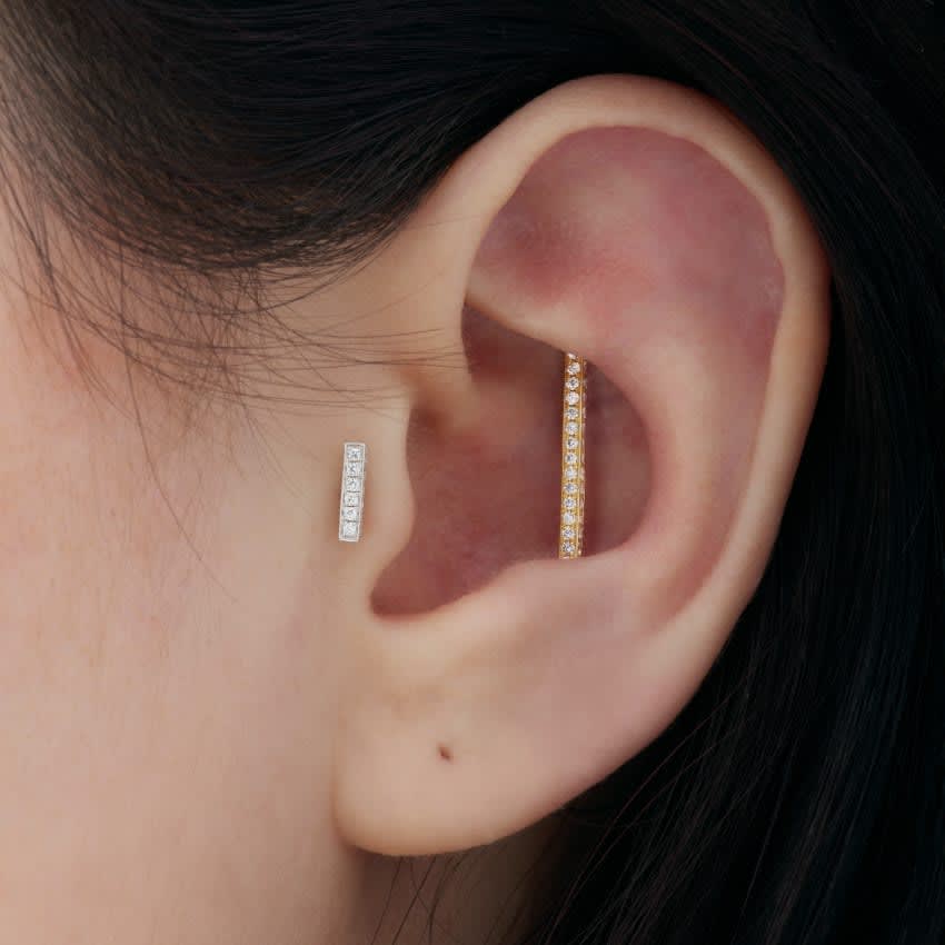 Square Diamond Pavé Bar Threaded Stud Earring White Gold 18mm