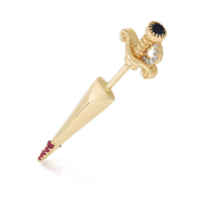 Black and White Diamond Long Sword with Ruby Drops Earstud Yellow Gold 22mm