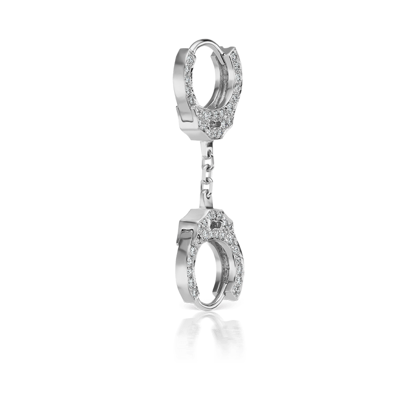 Diamond Handcuff Hoop Earring with Short Chain White Gold 6.5mm