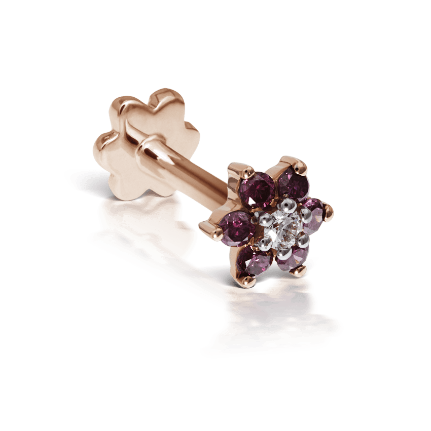 Rose Purple Diamond Flower Threaded Stud Earring Rose Gold 4.5mm