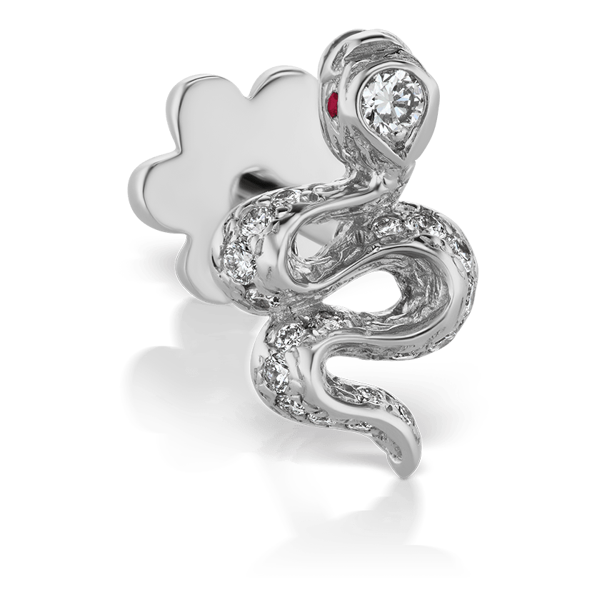 Diamond Pavé Snake with Ruby Eyes Threaded Stud Earring