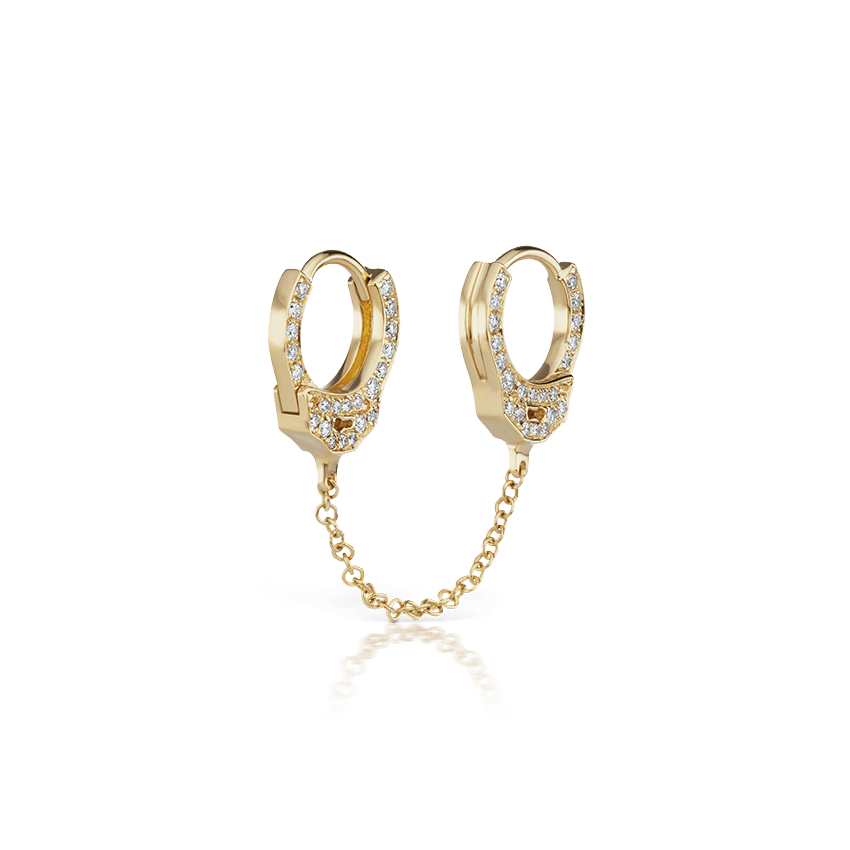Double sided Diamond Handcuff with Medium Chain Hoop Earring Yellow Gold 6.5mm