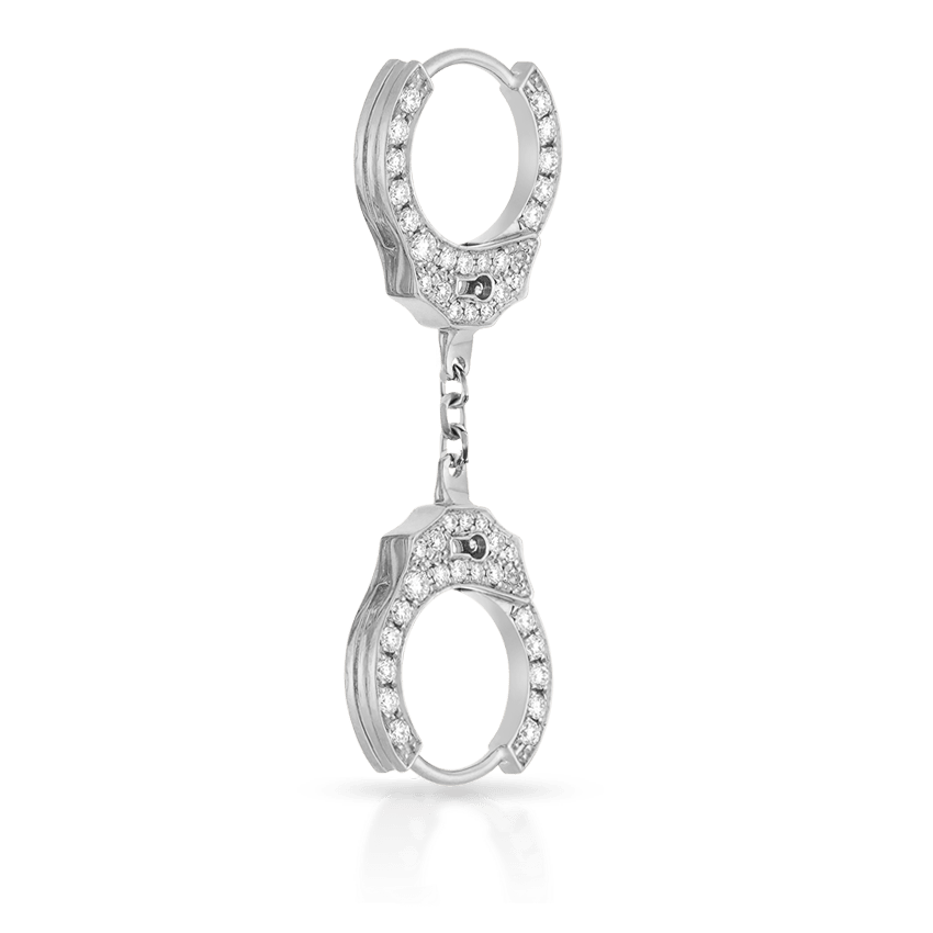 Double sided Diamond Handcuff Hoop Earring with Short Chain White Gold 8mm