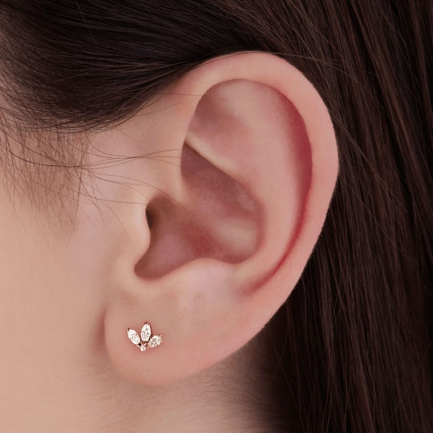Diamond Engraved Lotus Threaded Stud Earring Rose Gold 3mm