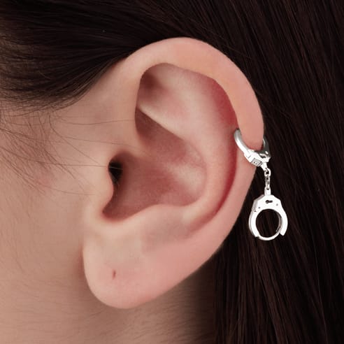 Handcuff Hoop Earring with Short Chain White Gold 8mm