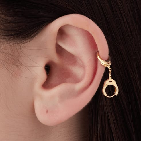Handcuff Hoop Earring with Short Chain Yellow Gold 8mm