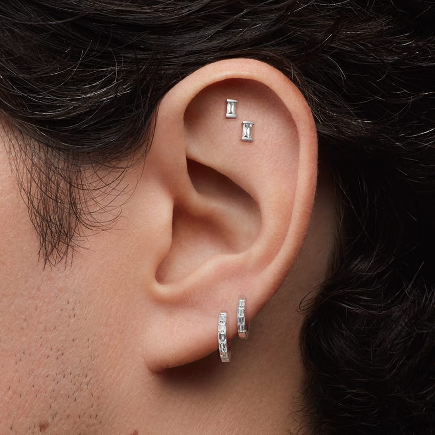 Diamond Baguette Threaded Stud Earring White Gold 4mm