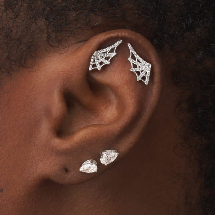 Diamond Web Threaded Stud Earring White Gold 15mm Right