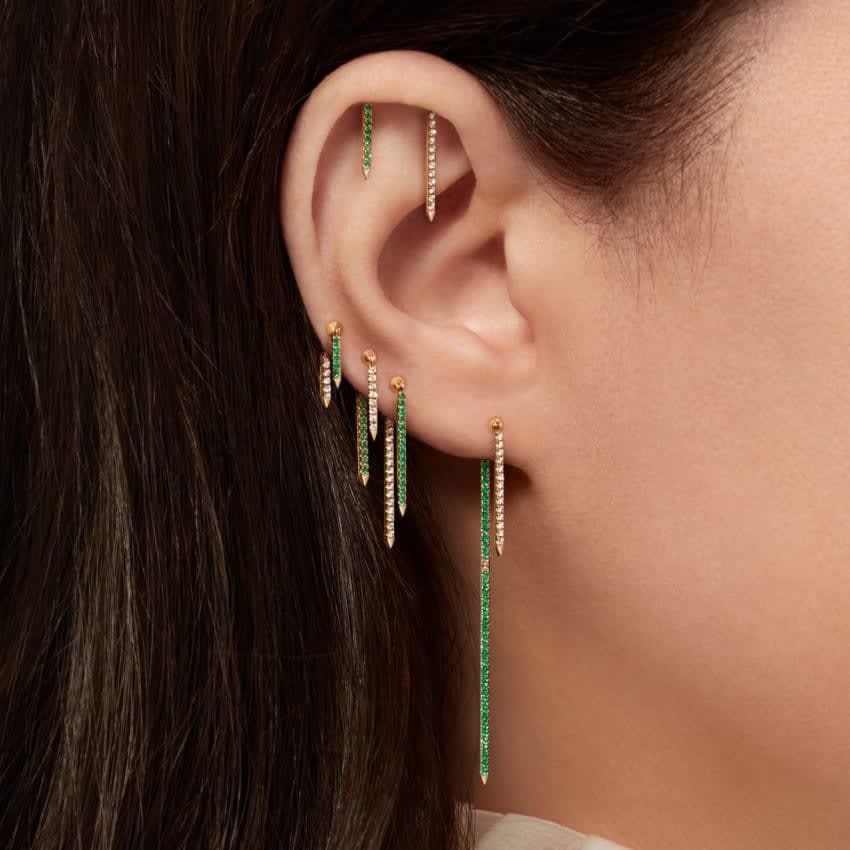 Emerald Eternity Bar Charm Threaded Stud Earring White Gold 11mm
