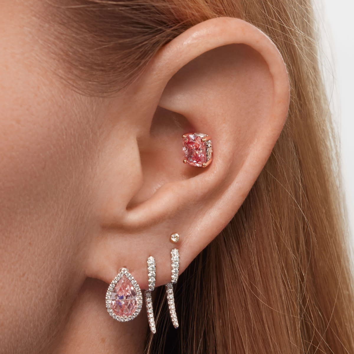 Pink Pear Diamond Pavé Stud Earring White Gold 1.56ct