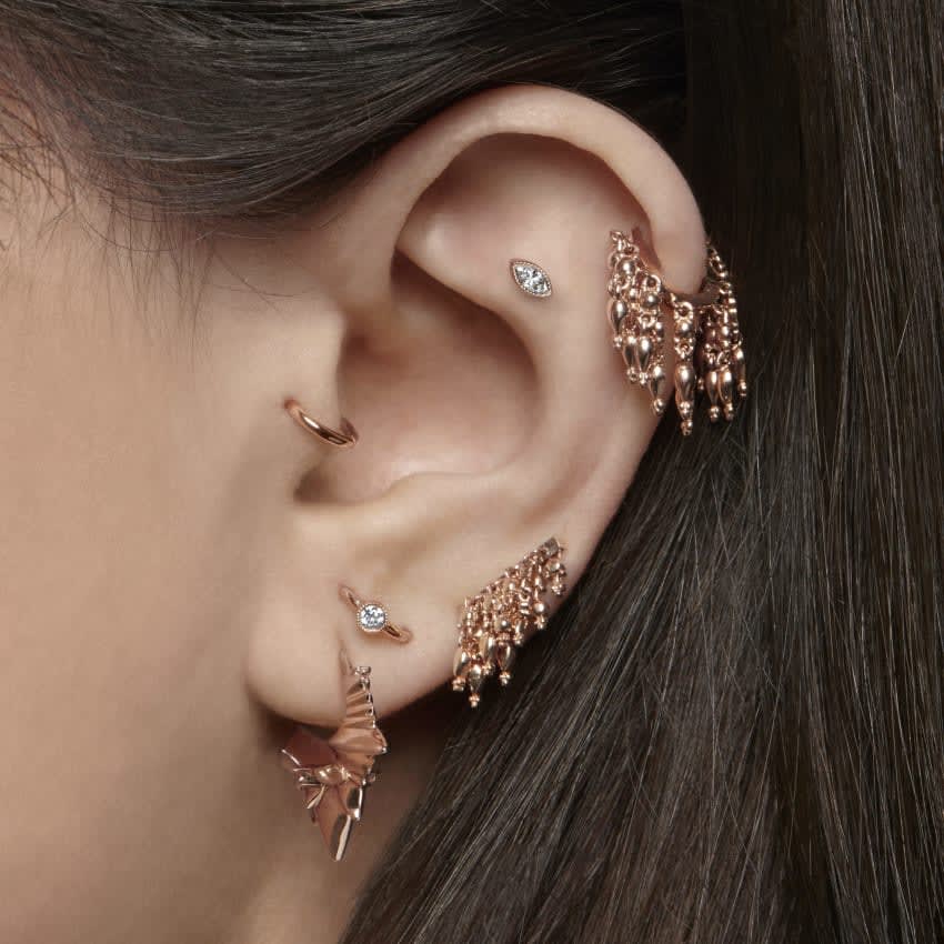 Scalloped Diamond Hoop Earring Rose Gold 6.5mm