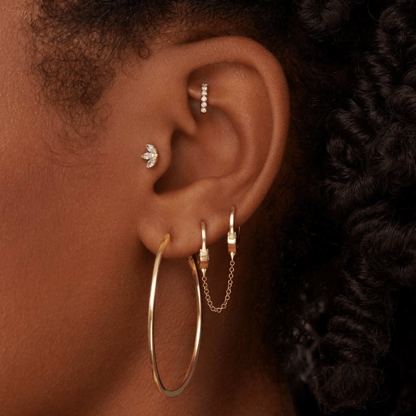 Diamond Engraved Lotus Threaded Stud Earring Rose Gold 3mm