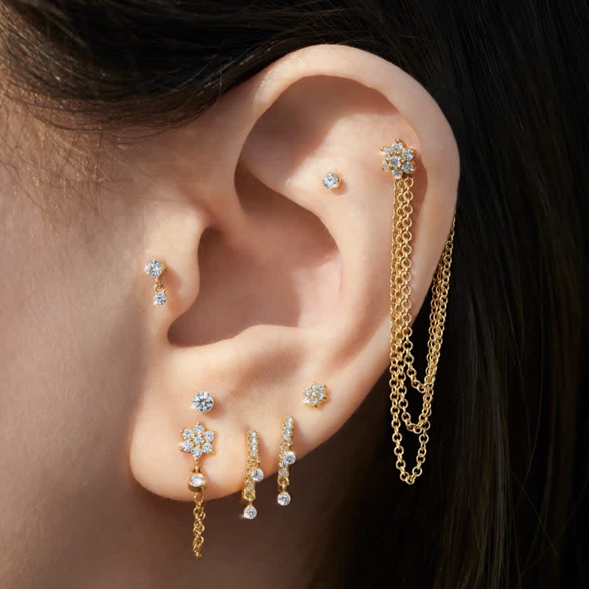 Invisible Set Diamond Dangle Threaded Stud Earring White Gold 2mm / 1.5mm