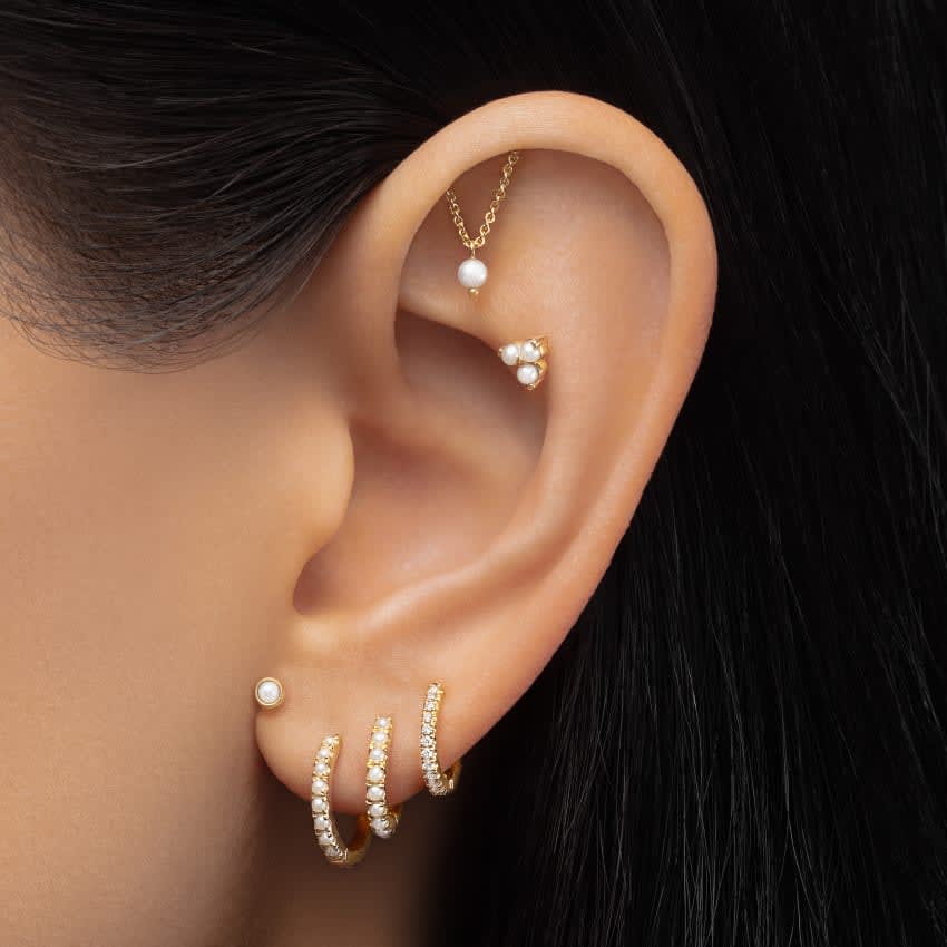 Natural Pearl Threaded Stud Earring Rose Gold 2mm