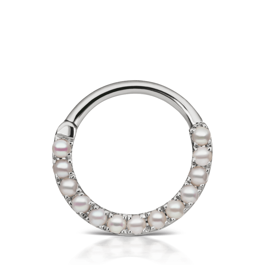 Pearl Horizontal Eternity Hoop Earring White Gold 9.5mm 16 Gauge = 1.3mm