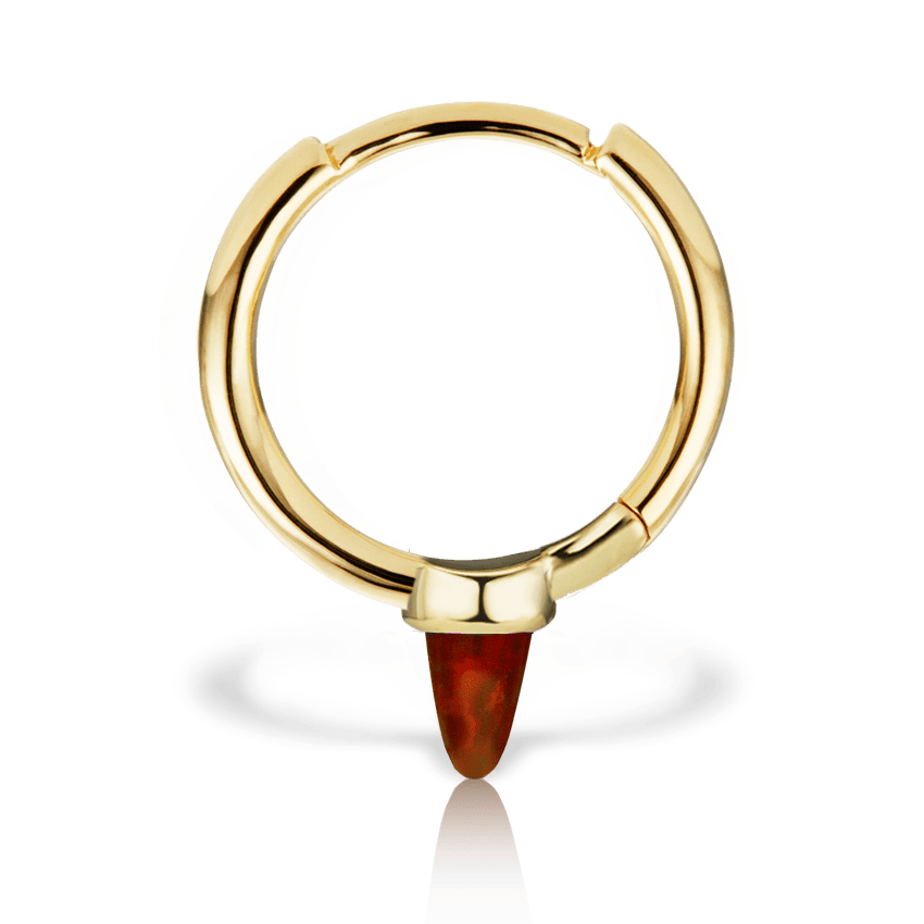 Black Red Opal Single Short Spike Hoop Earring (Non Rotating) Yellow Gold 9.5mm