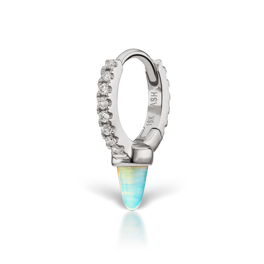 Single Short Opal Spike Diamond Eternity Hoop Earring White Gold 6.5mm