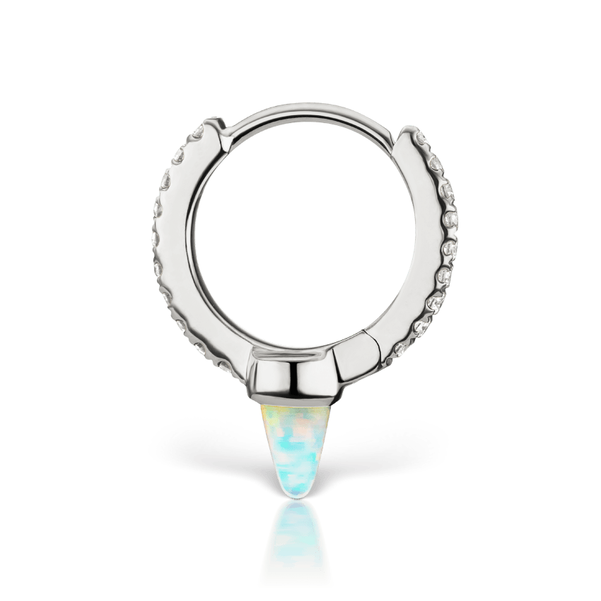 Single Short Opal Spike Diamond Eternity Hoop Earring White Gold 8mm