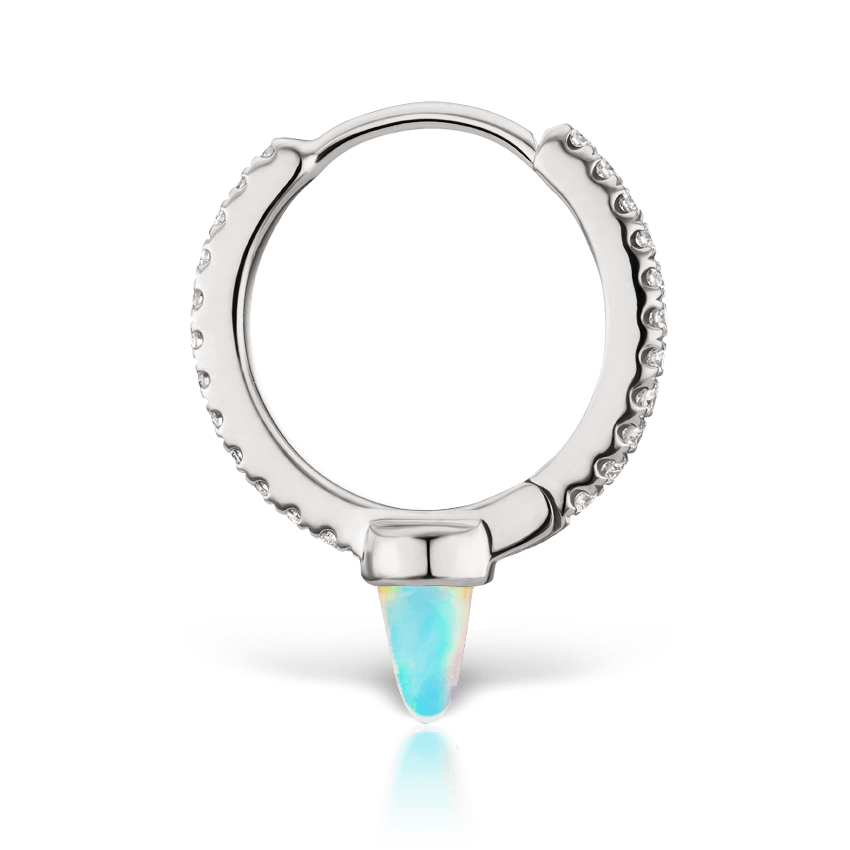 Single Short Opal Spike Diamond Eternity Hoop Earring White Gold 9.5mm