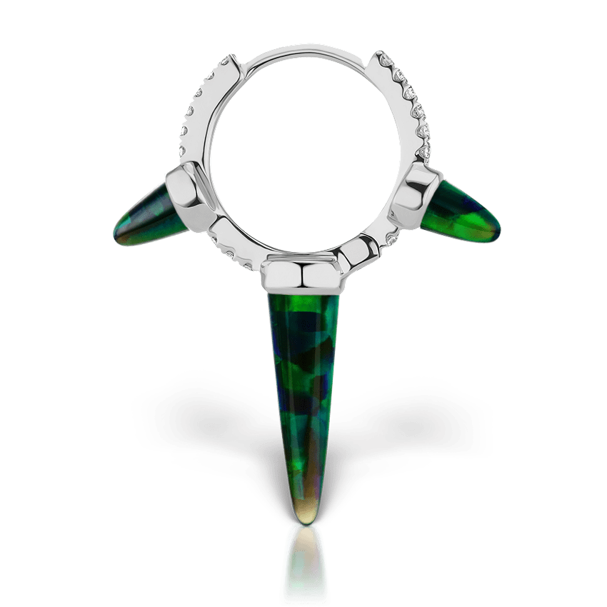 Triple Long Black Opal Spike Diamond Eternity Hoop Earring White Gold 9.5mm