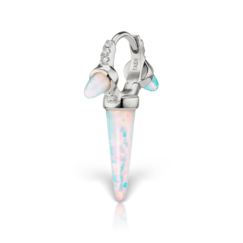 Triple Long Opal Spike Diamond Eternity Hoop Earring White Gold 6.5mm