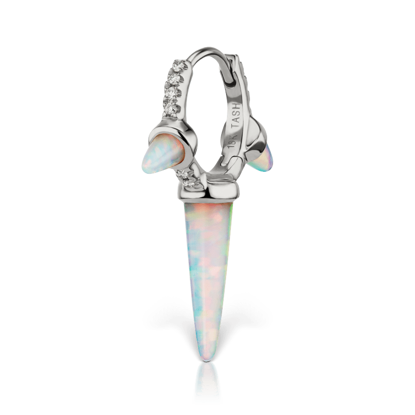 Triple Long Opal Spike Diamond Eternity Hoop Earring White Gold 8mm