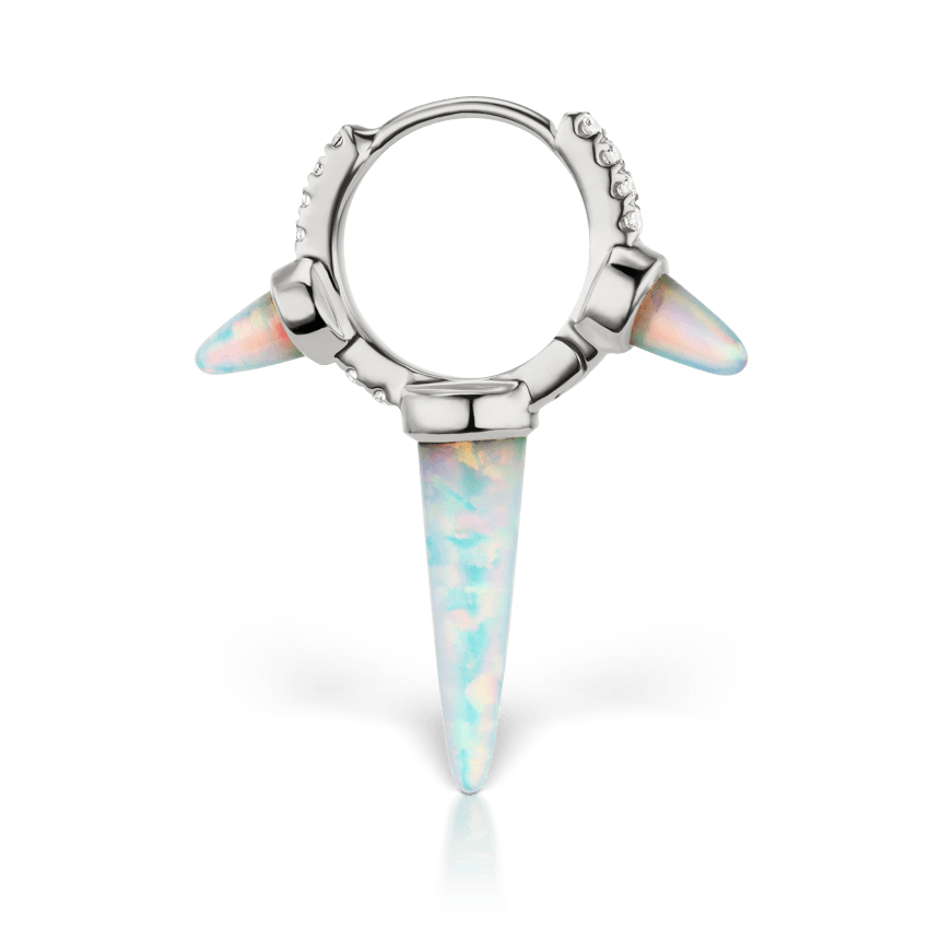 Triple Long Opal Spike Diamond Eternity Hoop Earring White Gold 8mm