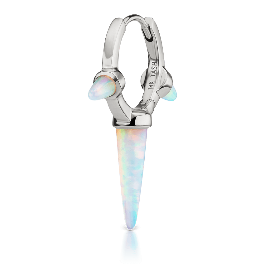 Triple Long Opal Spike Hoop Earring White Gold 9.5mm