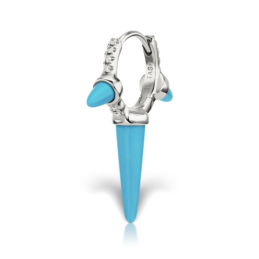 Triple Long Turquoise Spike Diamond Eternity Hoop Earring White Gold 8mm