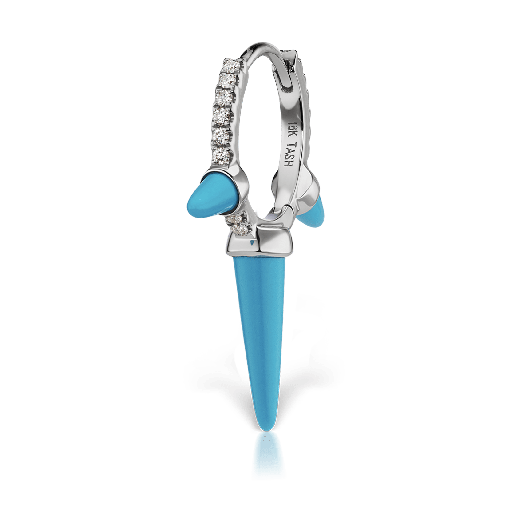 Triple Long Turquoise Spike Diamond Eternity Hoop Earring White Gold 9.5mm