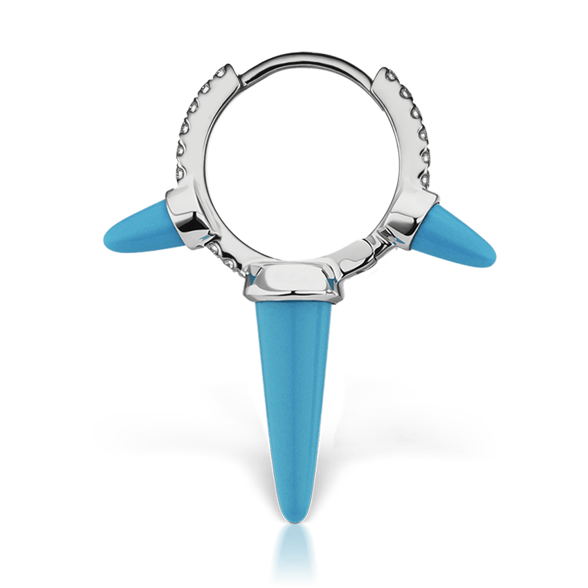 Triple Long Turquoise Spike Diamond Eternity Hoop Earring White Gold 9.5mm
