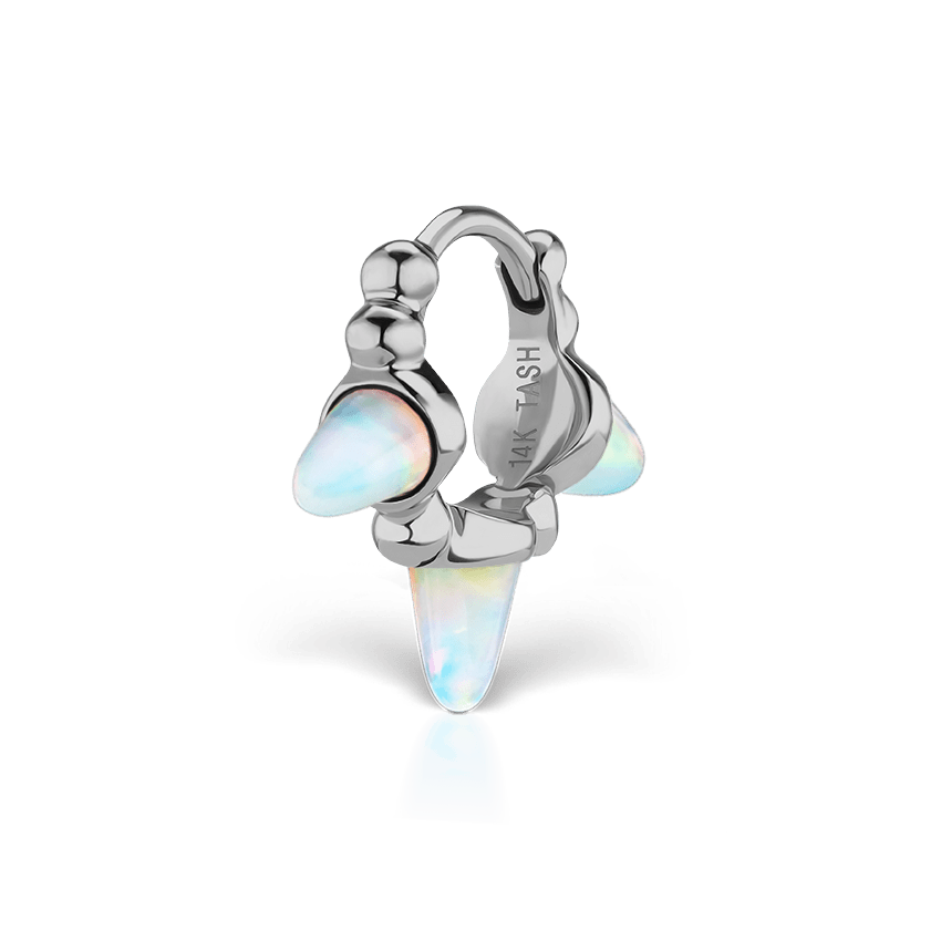 Triple Short Opal Spike Granulated Hoop Earring White Gold 6.5mm