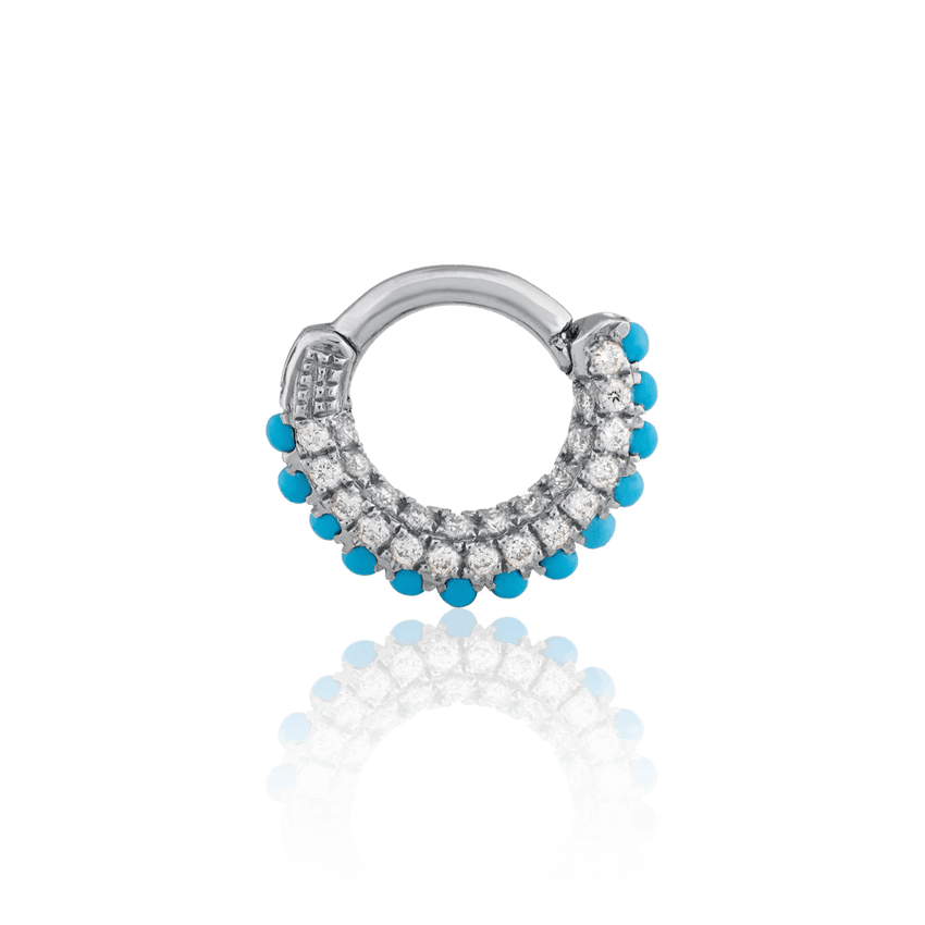 Turquoise and Diamond Five Row Pavé Hoop Earring (Bottom Hinge) White Gold 5mm