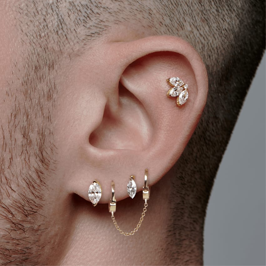 Diamond Engraved Lotus Threaded Stud Earring Yellow Gold 6mm