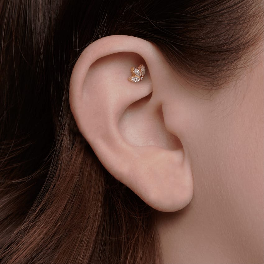 Diamond Engraved Lotus Threaded Stud Earring Rose Gold 3mm