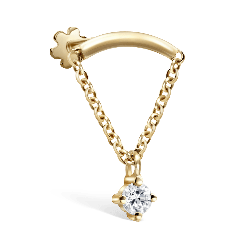Prong Set Diamond Drape Threaded Stud Earring Yellow Gold 2mm Horizontal