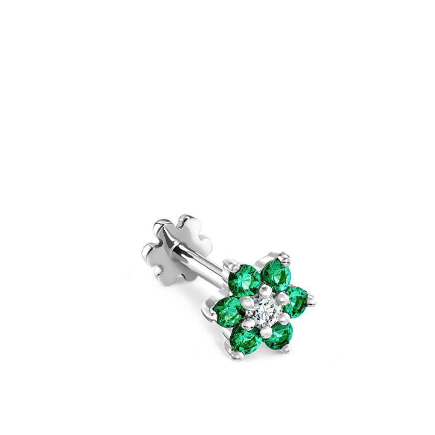 Emerald and Diamond Flower Threaded Stud Earring