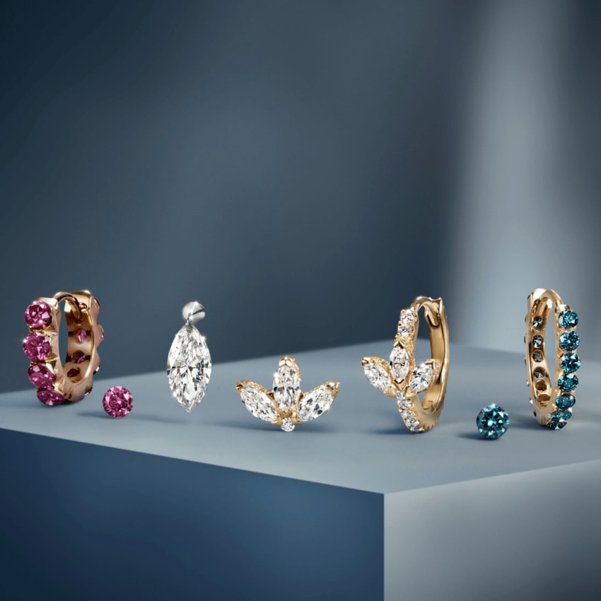Fine color diamond jewelry with black diamond and purple diamond hoop earrings