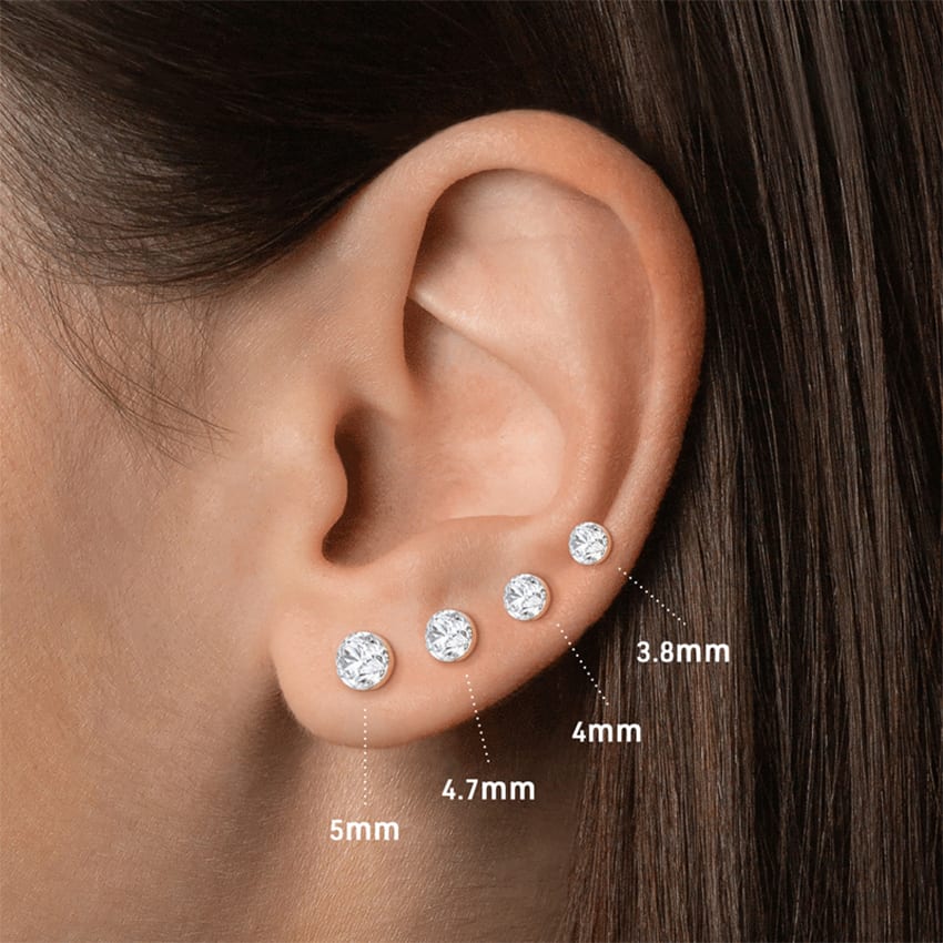 Round diamond earring size guide for lobe piercings with 5mm, 4mm and 3mm stud earrings