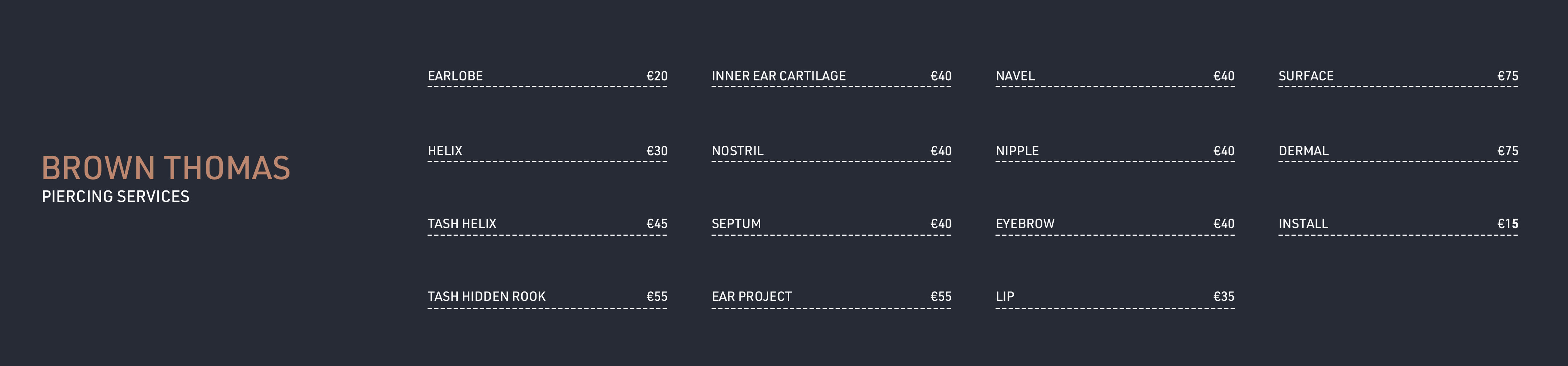 Dublin Piercing prices for earlobe, helix, body, nostril, nipple, cartilage piercings