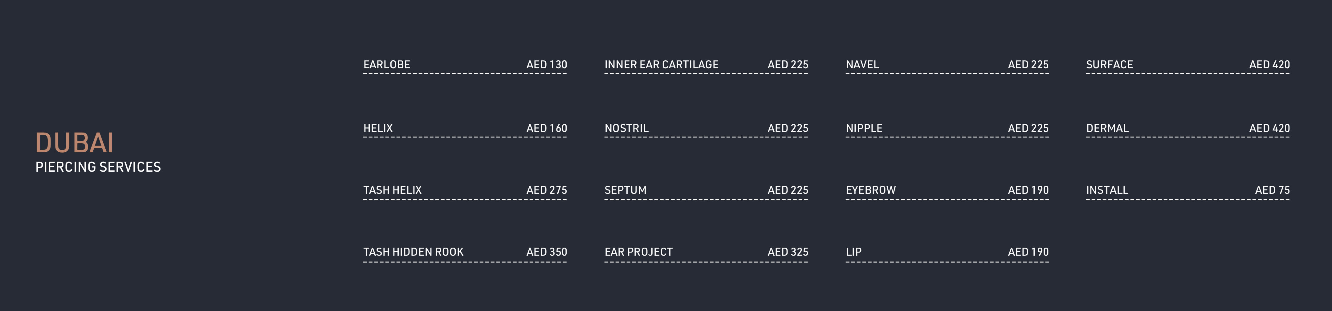 Dubai Piercing prices for earlobe, helix, body, nostril, nipple, cartilage piercings