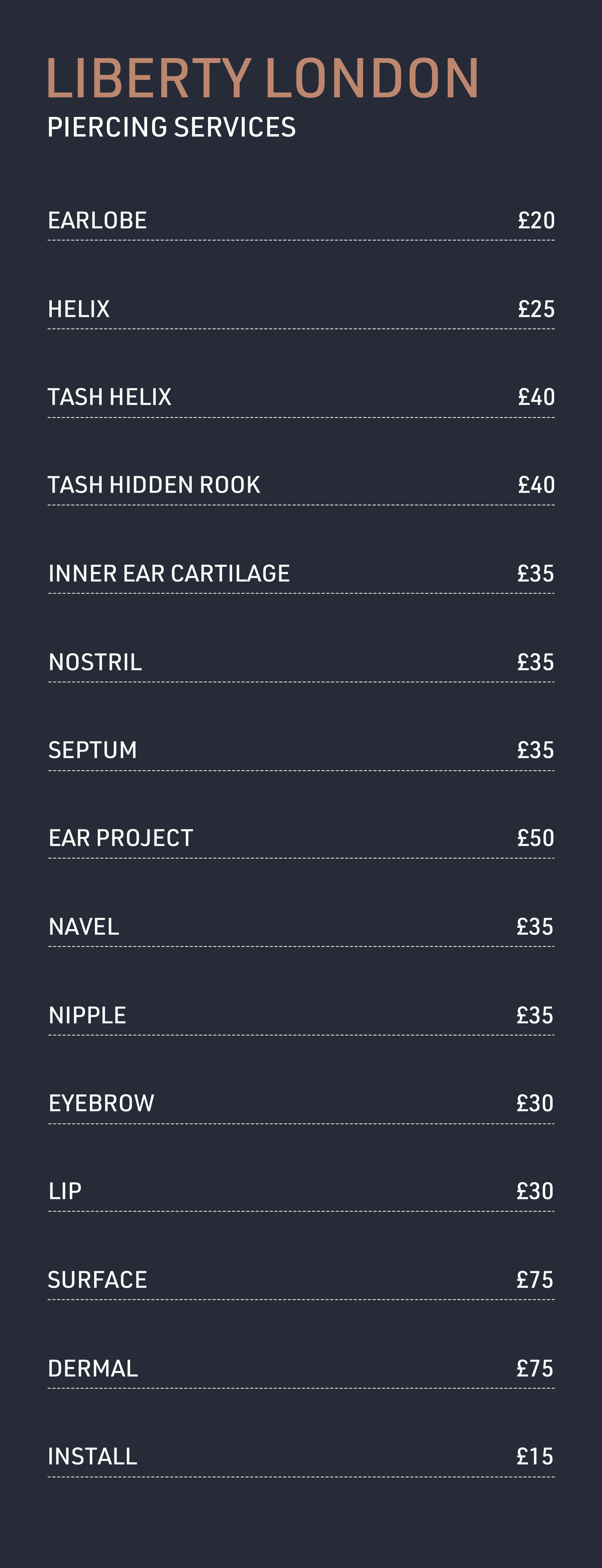 London Piercing prices for earlobe, helix, body, nostril, nipple, cartilage piercings