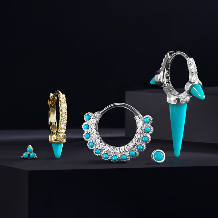 Fine turquoise jewelry - turquoise hoop earrings and turquoise stud earrings with diamonds and gold