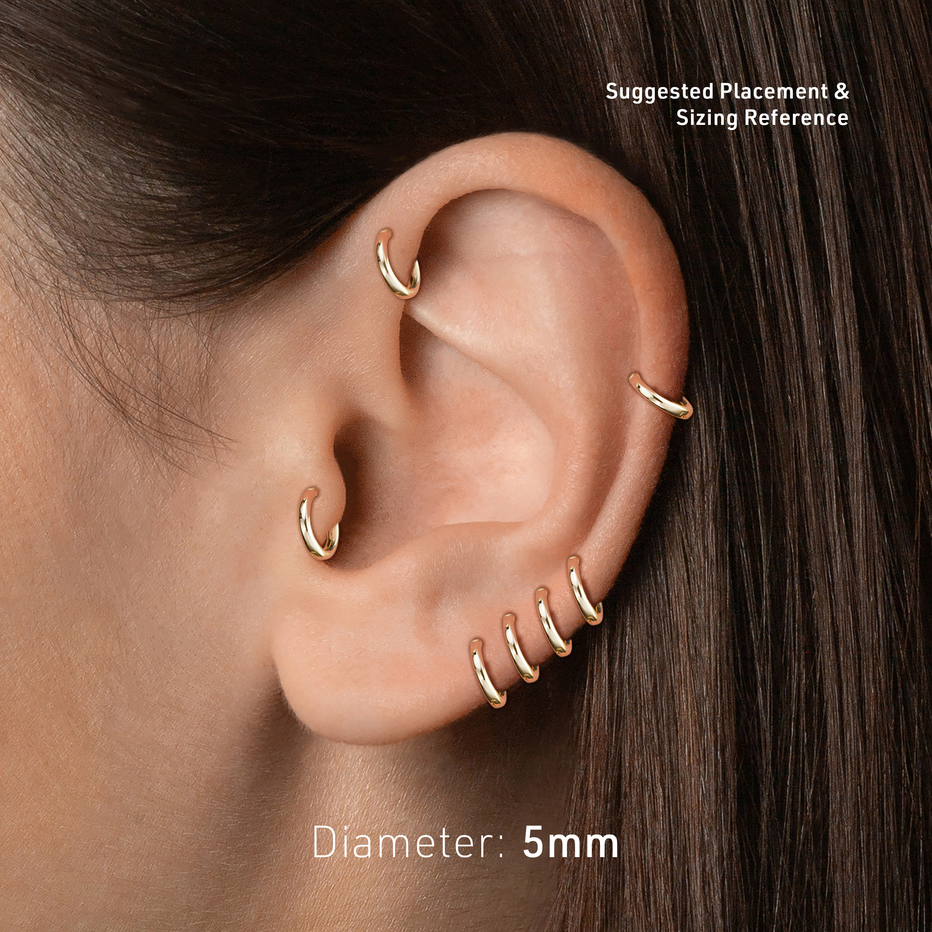 Suggested earlobe or cartilage placement for 5mm hoop earring size guide