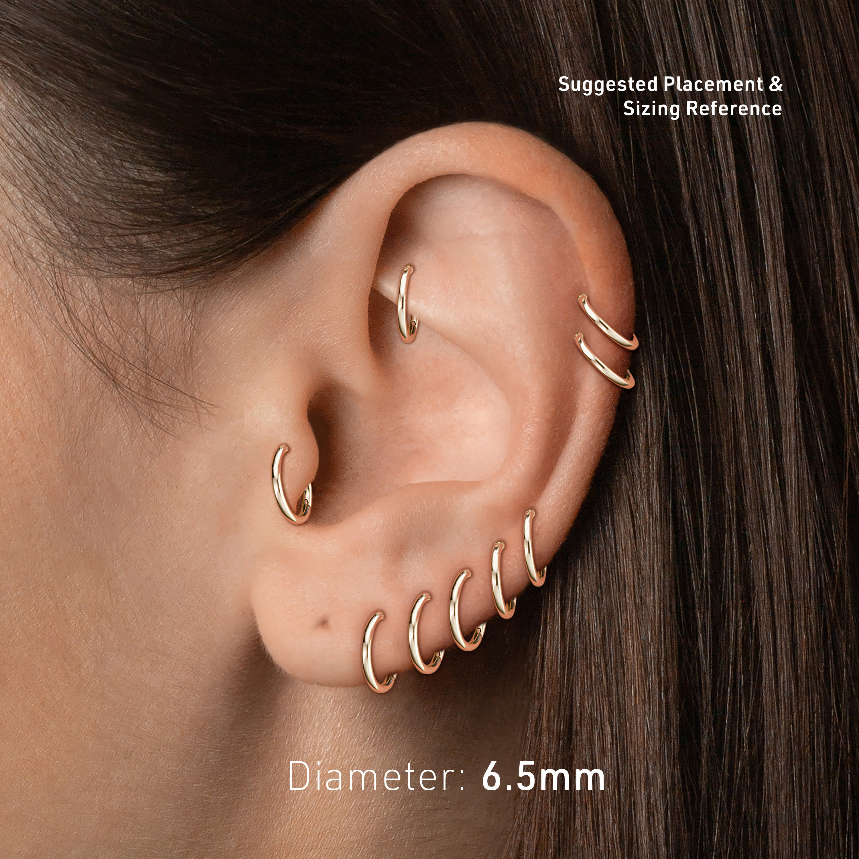 Suggested earlobe or cartilage placement for 6.5mm hoop earring size guide