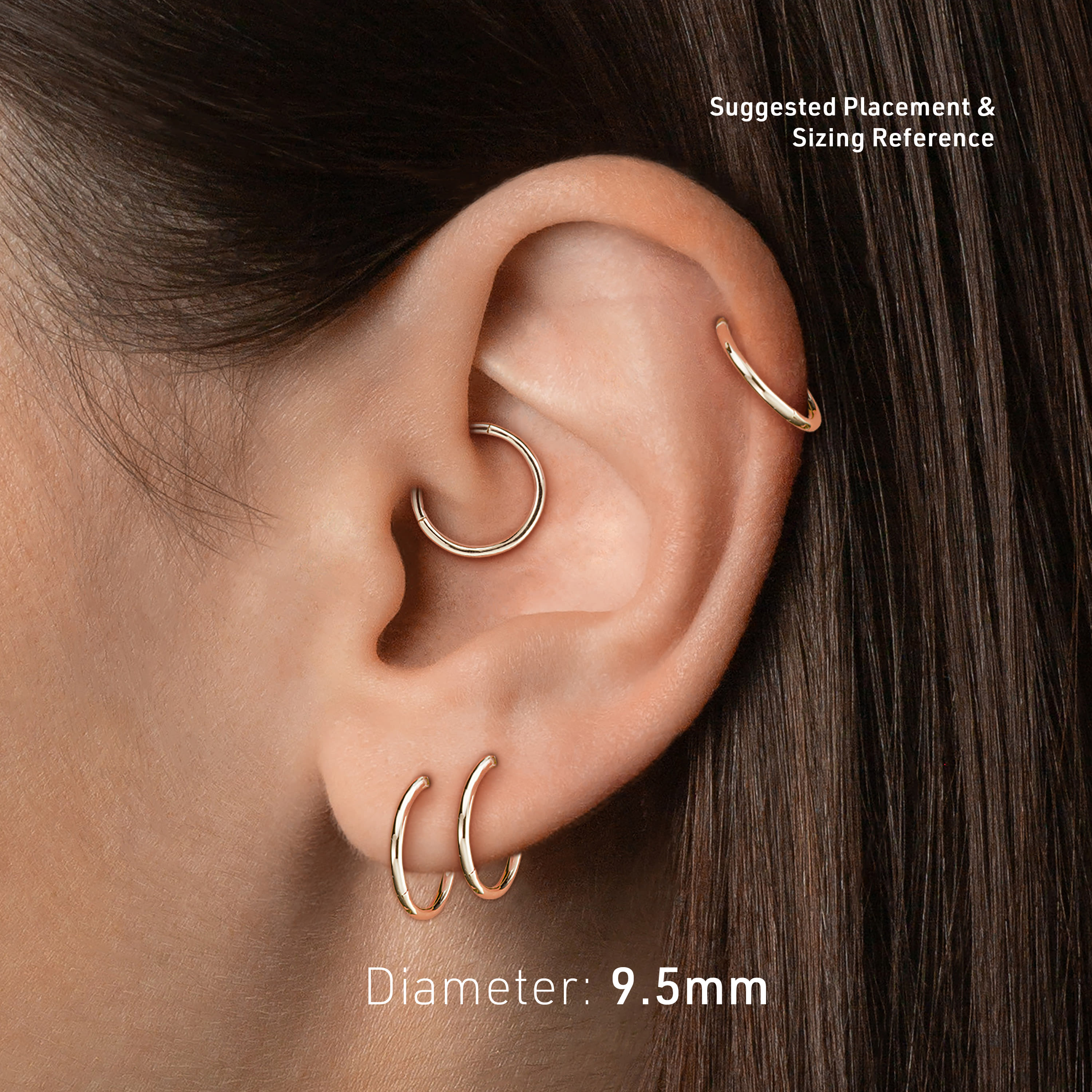 Suggested earlobe or cartilage placement for 9.5mm hoop earring size guide