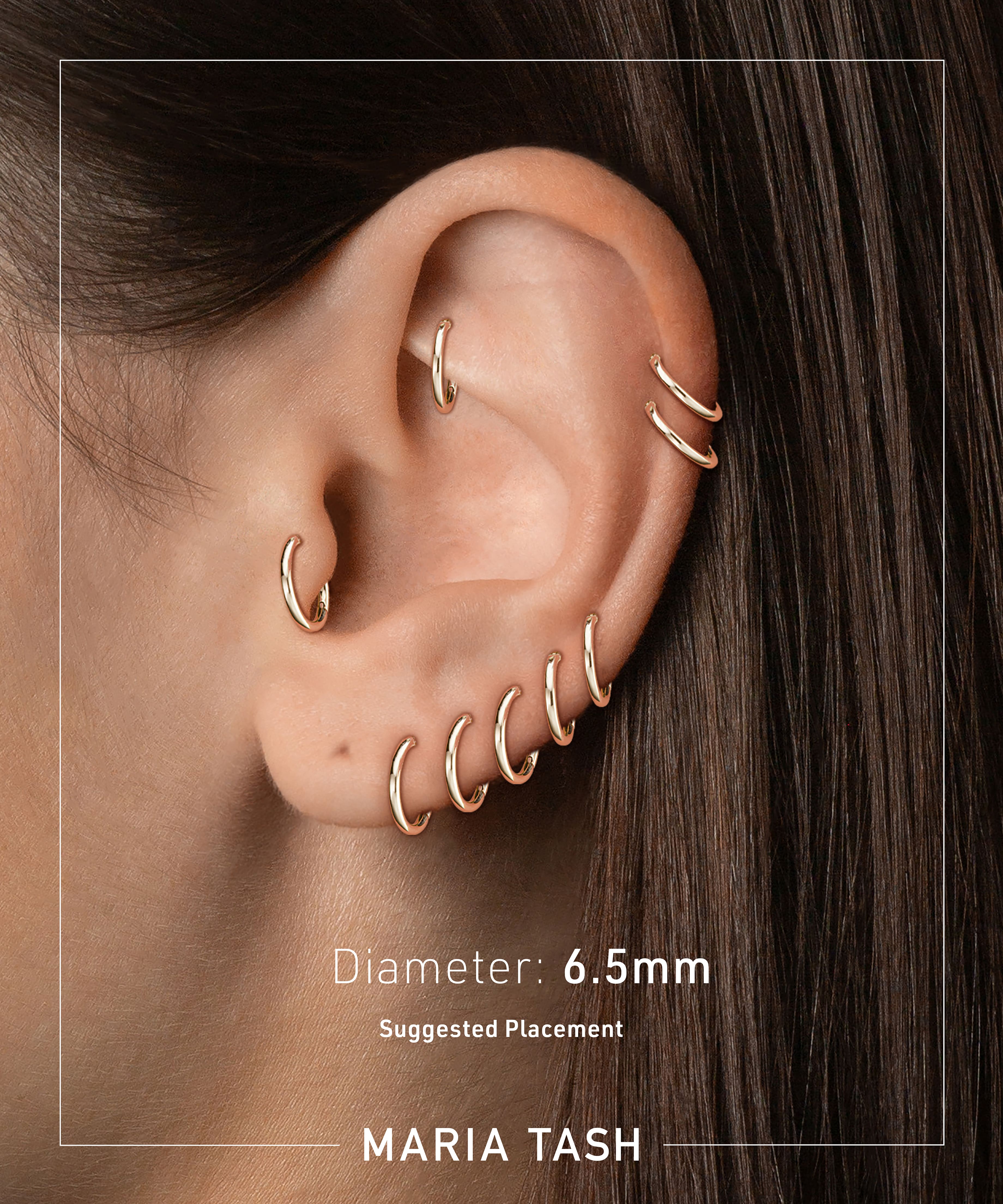 Suggested earlobe or cartilage placement for 6.5mm hoop earring size guide