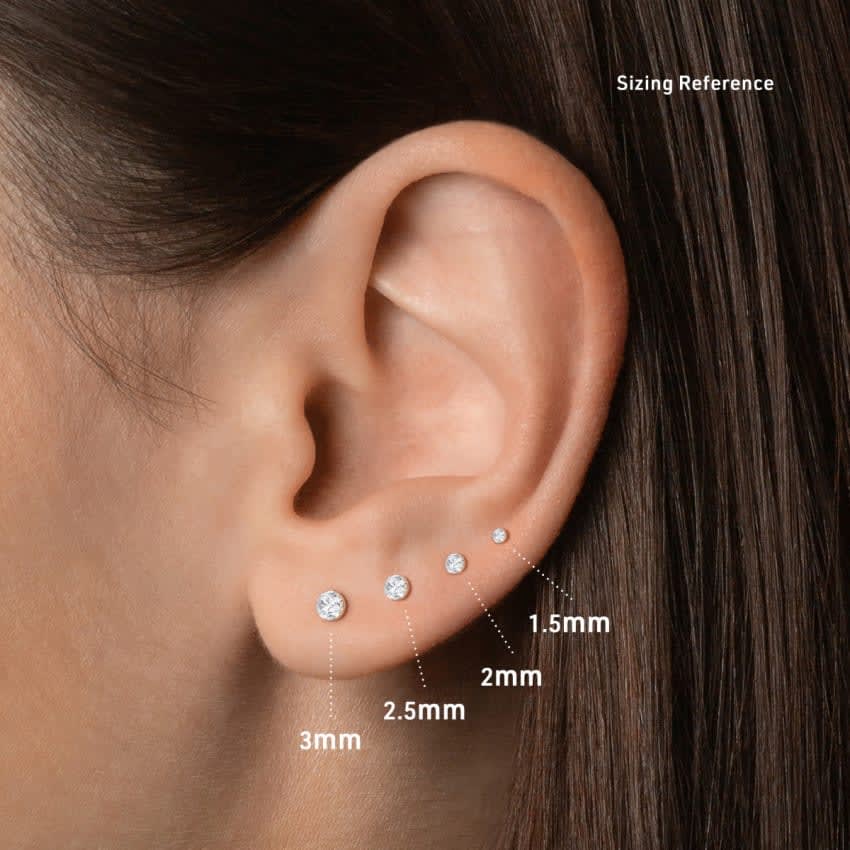Round diamond earring size guide for lobe piercings with 5mm, 4mm and 3mm stud earrings